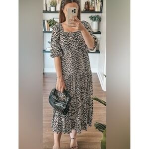 The Drop Tan/Black Leopard Print Keyla Puff Sleeve Square Neck Tiered Midi Dress